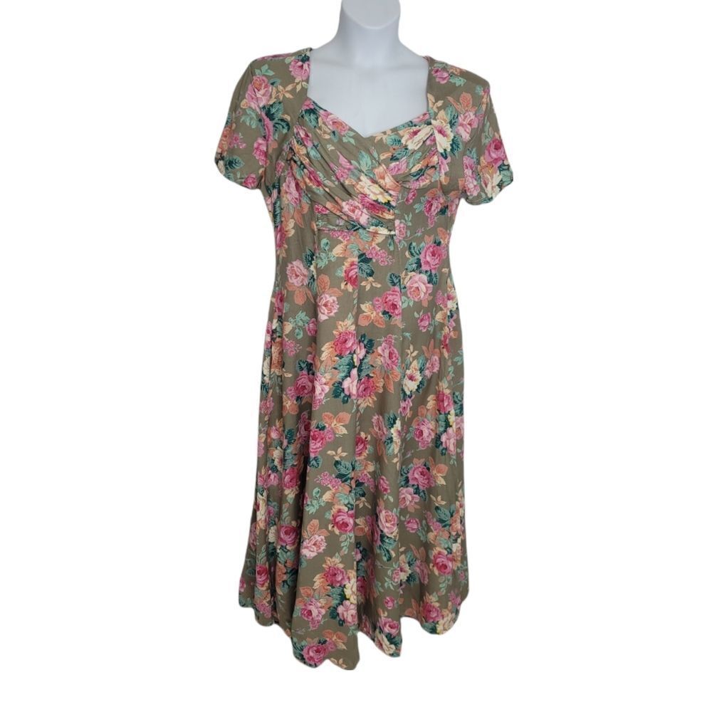 VINTAGE 90s‎ dress tan floral cottagecore rayon maxi with pockets M